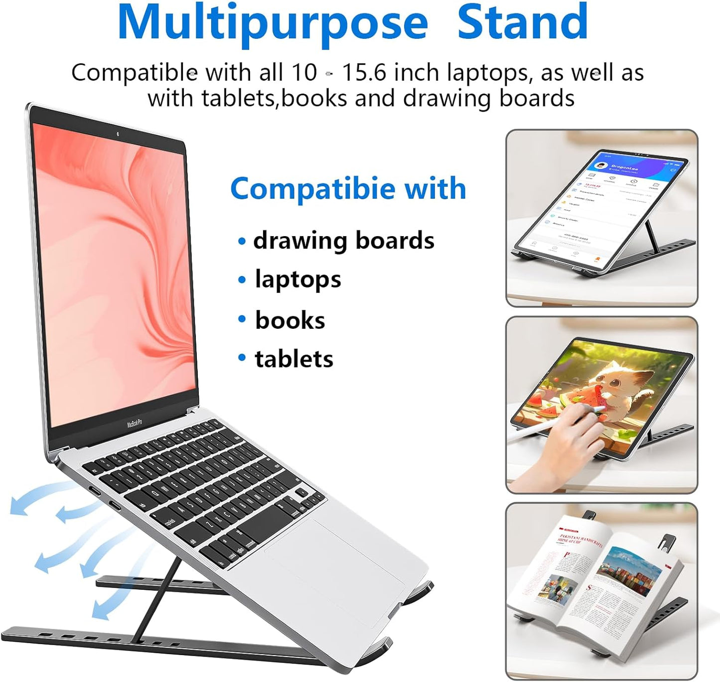 Laptop Stand for Desk, Aluminum Metal MacBook Stand，Computer Riser for Desk, Portable Foldable Adjustable Notebook Holder, Compatible with 10-15.6 Inch Laptops, iPad, Silver.