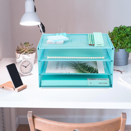 EASEPRES 3 Tier Mesh Desk Organizer Tray, File Paper Letter Folder Holder Desktop Paper Sorter Mail Organization Rack Storage Accessories, for Office Home School Classroom, Black