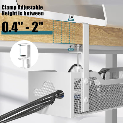 Under Desk Cable Management Tray No Drill, Metal Mesh Cable Management Under Desk with Clamp Mount, 2 Hole Cable Tray with Wire Management and Cord Organizer for Home Office Standing Desk