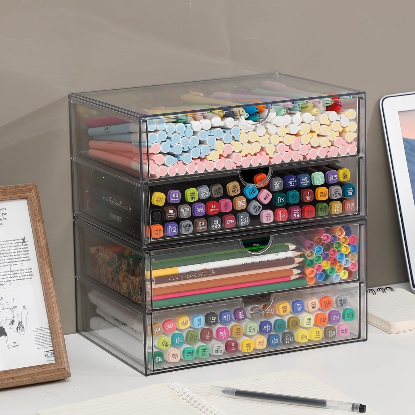 Clear Desk Organizers and Accessories, Plastic Drawer Organizer for Home Office Supplies, Marker Pen, Notebooks, Art Crafts, Stackable Makeup Storage Box for Bathroom Vanity (4 Drawers)