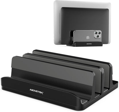 AboveTEK Vertical Laptop Stand, 3 Slots Aluminum Desk Laptop Holder & Laptop Docking Station Stand for MacBook, Tablet, Phone - Universal Fit (Up to 17.3") - Heavy Duty Polished, Anti Slide - Silver