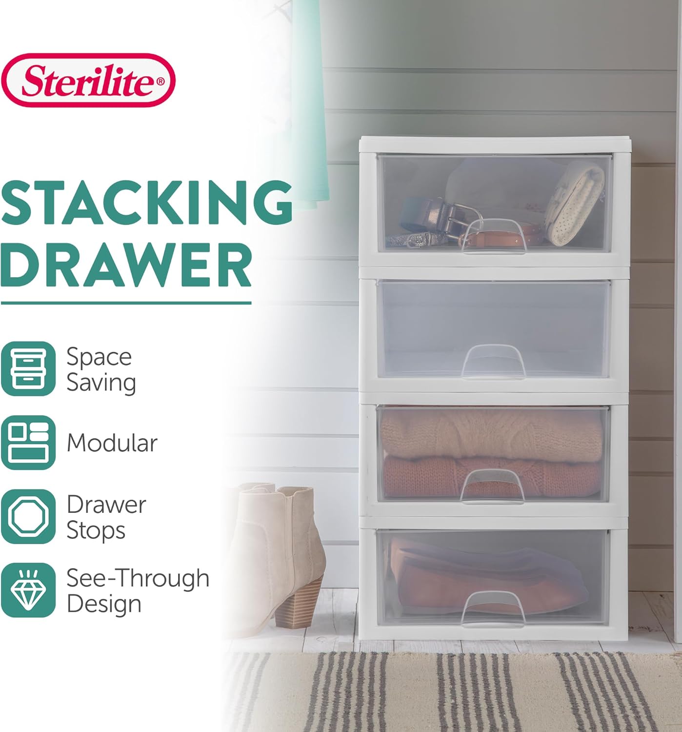 Sterilite 6-Pack 6 Quart Stacking Drawer, Clear Storage Closet Organizer, White Frame - Stackable Modular Plastic Drawers for Clothes, Accessories, Craft Supplies, Shoes or Linens