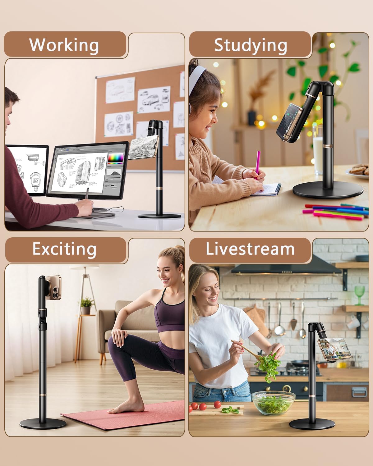 Height/Angle Adjustable Phone Holder, 10"-25" Retractable Tall Phone Stand for Desk,720°Rotatable+180flip Phone Holder Stand for Video Calls Kitchen Table Office Etc -Clip Type