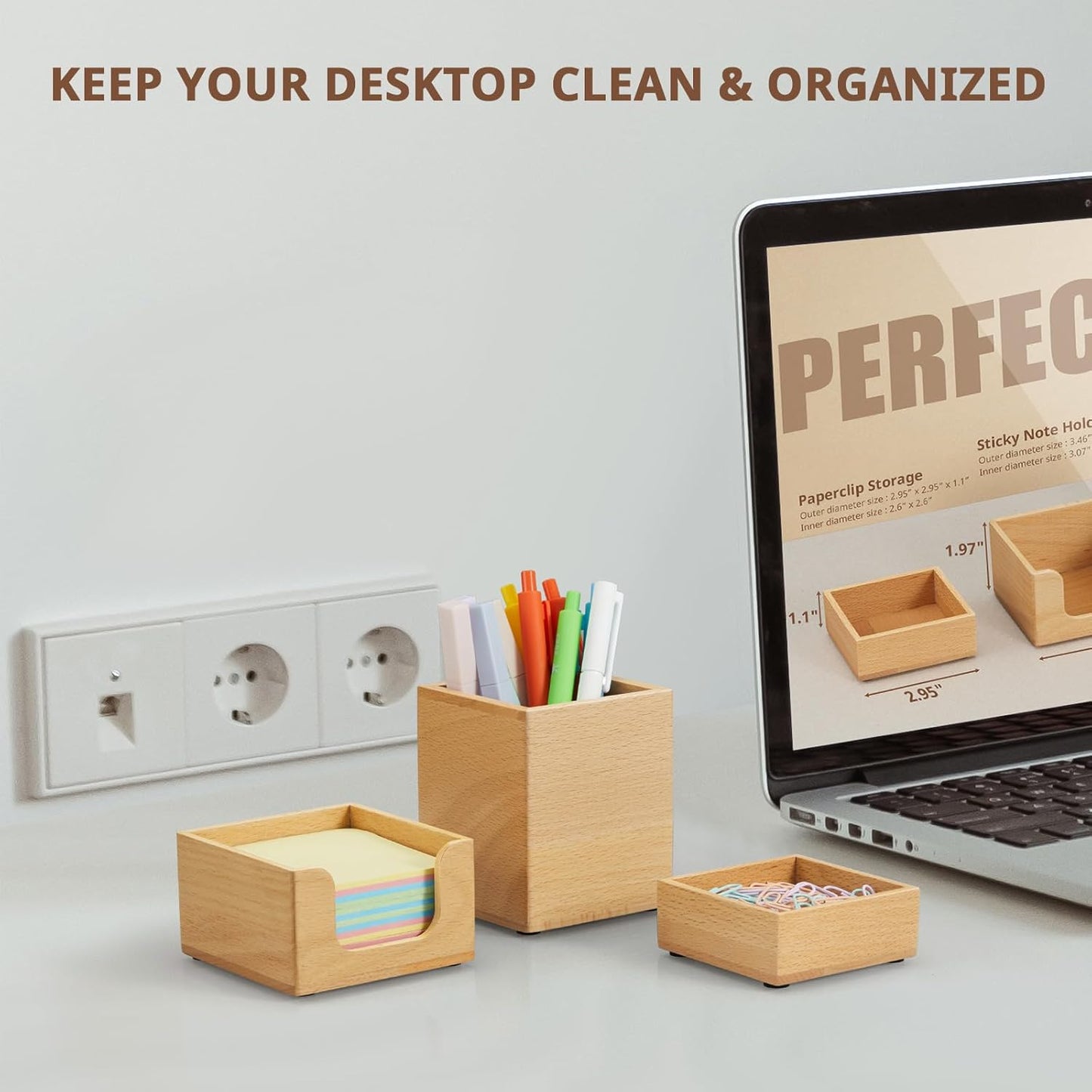 Desk Organizer Set of 3 - Bamboo Office Desk Accessories - Desk Organizers and Accessories for Women Men - Set incl. Pencil Pen Holder, Paperclip Storage and Sticky Note Holder