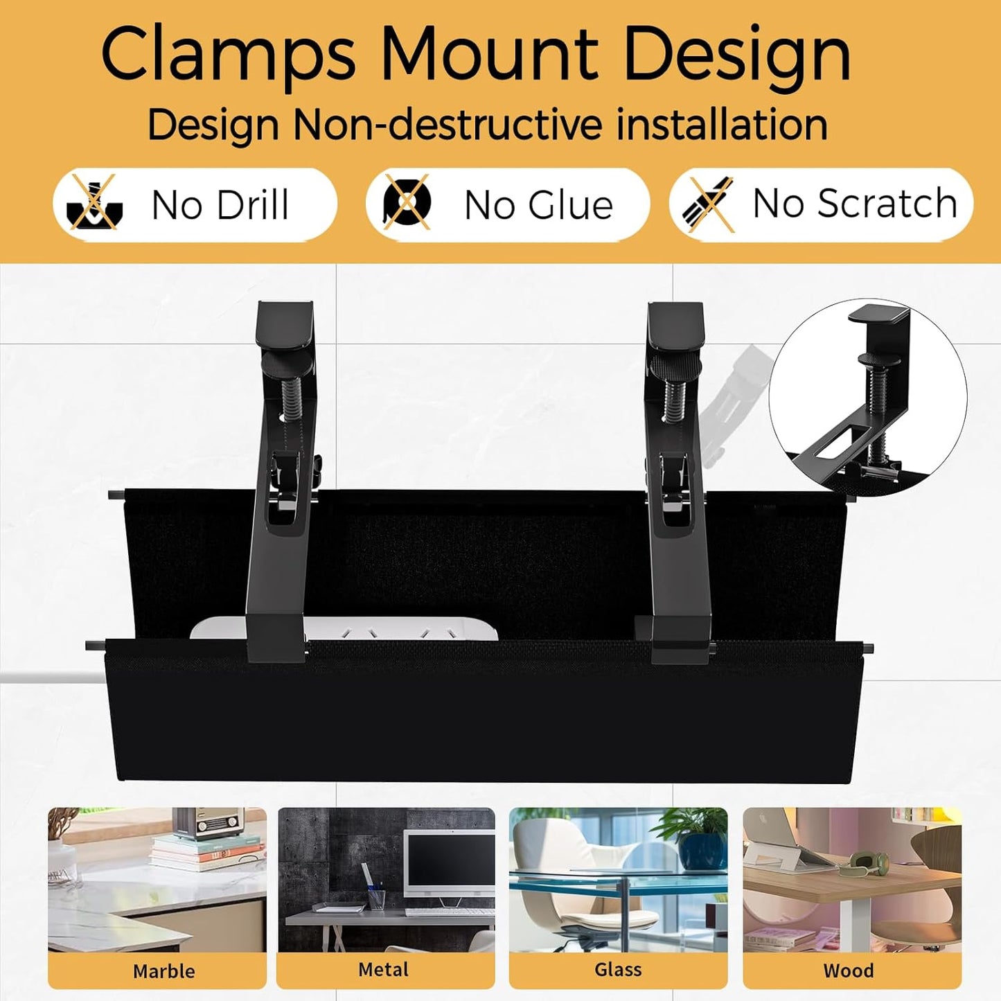 Under Desk Cable Management Tray 27.2" - No Drill Computer Wire Organizer Cable Tray, Cord Hider Clamp Mount with 16X Cable Ties PC Cables Management Cord Holder for Office/Home (Upgrade Fabric,White)