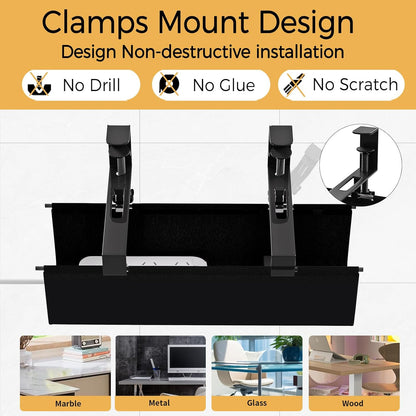 Under Desk Cable Management Tray 27.2" - No Drill Computer Wire Organizer Cable Tray, Cord Hider Clamp Mount with 16X Cable Ties PC Cables Management Cord Holder for Office/Home (Upgrade Fabric,White)