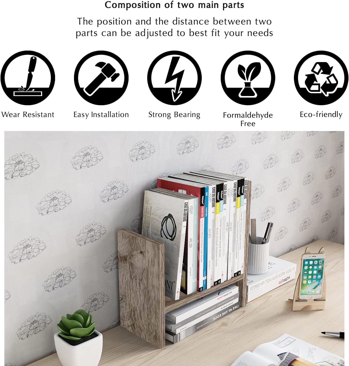 Jerry & Maggie Desktop Organizer Office Storage Rack Adjustable Wood Display Shelf Free Style Double H, Multi-Functional Mini Bookshelf for Desk Natural Stand (Natural Wood Tone)