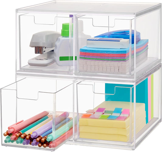 STORi Chloe Space-Saving Clear Drawer Organizer (4 Wide Drawers) Sort Office, Kitchen, Beauty Supplies, Makeup, Pens, Jewelry, Stationary, Made in USA