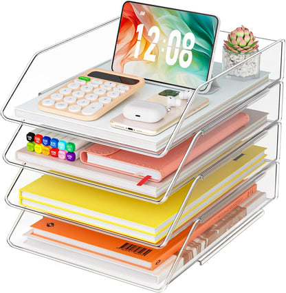 YKLSLH 4 Trays Paper Organizer Letter Tray - Acrylic Desk File Organizer, Stackable Clear Paper Holder Sorter Office Organizer for Letter/A4, Office File Ipad Books Notes Etc