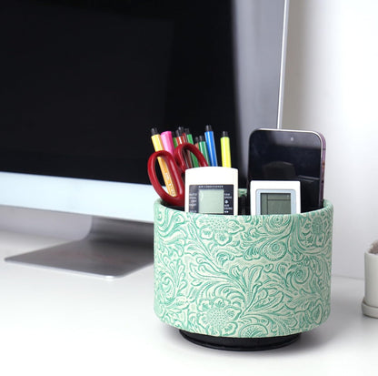 lizimandu Round Leather Art Supply Organizer,Remote Control Holder,360 Degree Spinning,Multi-Functional Pencil Holder,4 Compartments Desktop Stationary Organizer(1-Gold) - Colors B