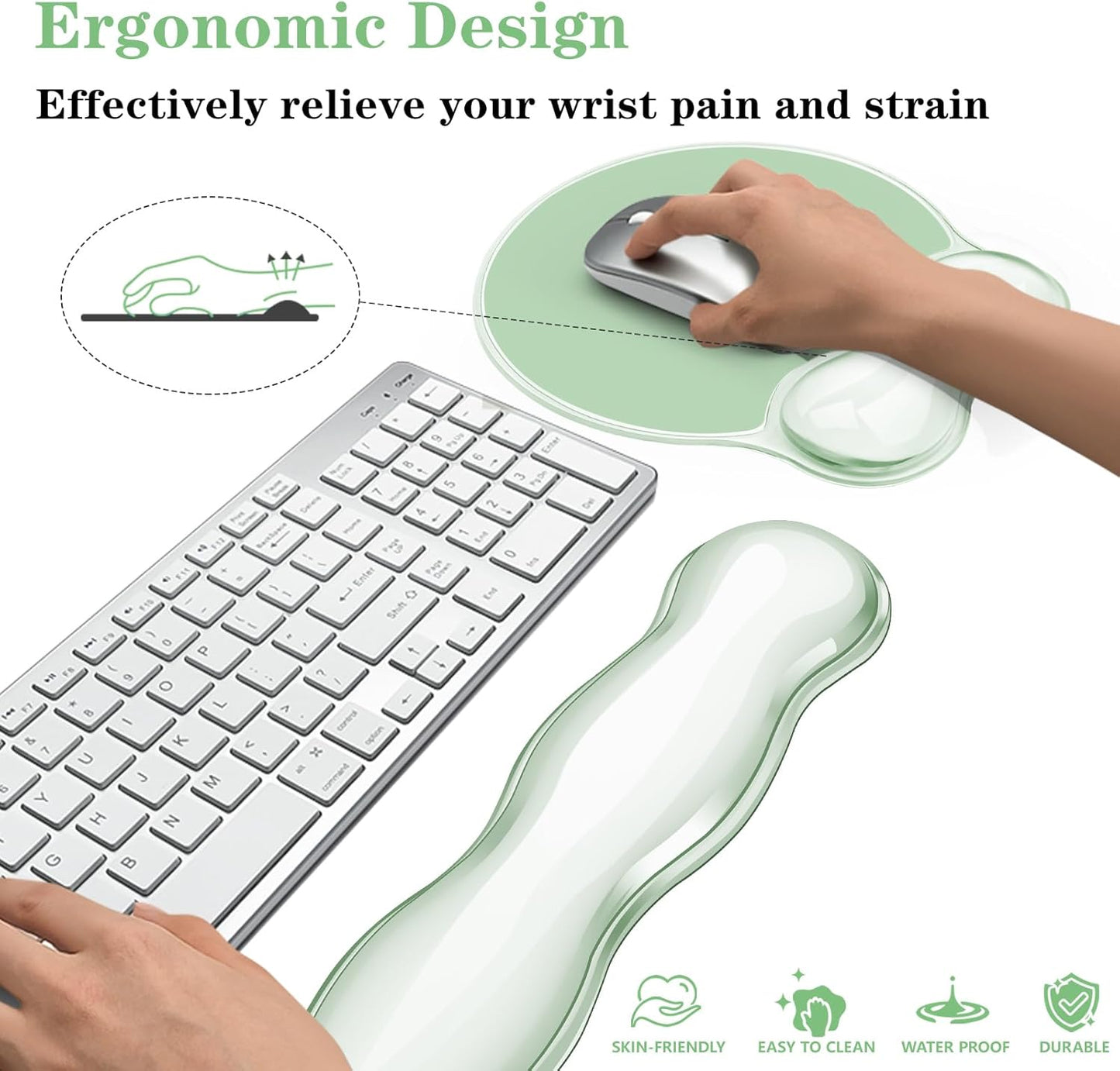 Wrist Rest for Keyboard- Ergonomic Gel Keyboard Wrist Rest and Mouse Pad Set, Non-Slip PU Base for Office, Laptop & Gaming - Green