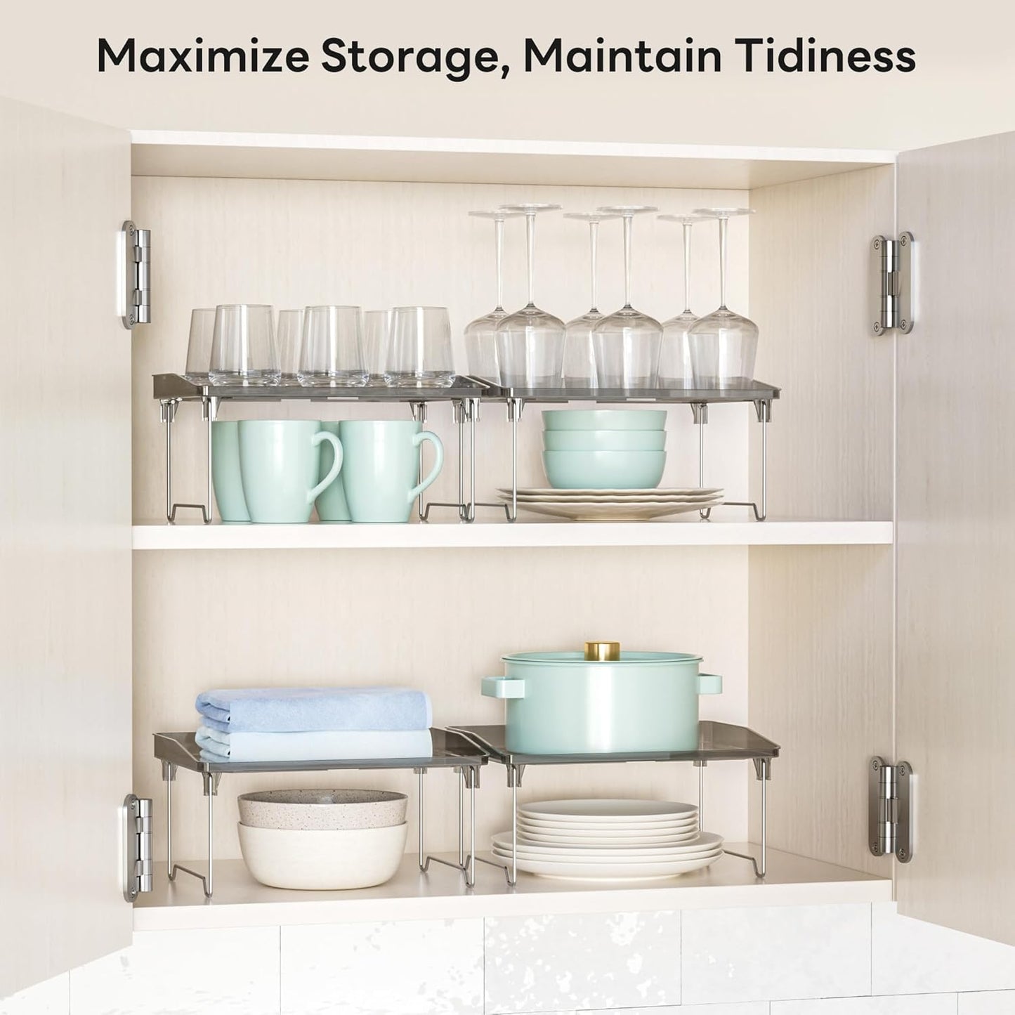STARLATTA 2 Pcs Cabinet Organizer Shelf, Stackable Kitchen Counter Shelves, Spice Rack,Countertop Organizers, Clear Plastic Storage Shelves Rack for Makeup,Bathroom,Cupboard,Desk,Pantry Organization