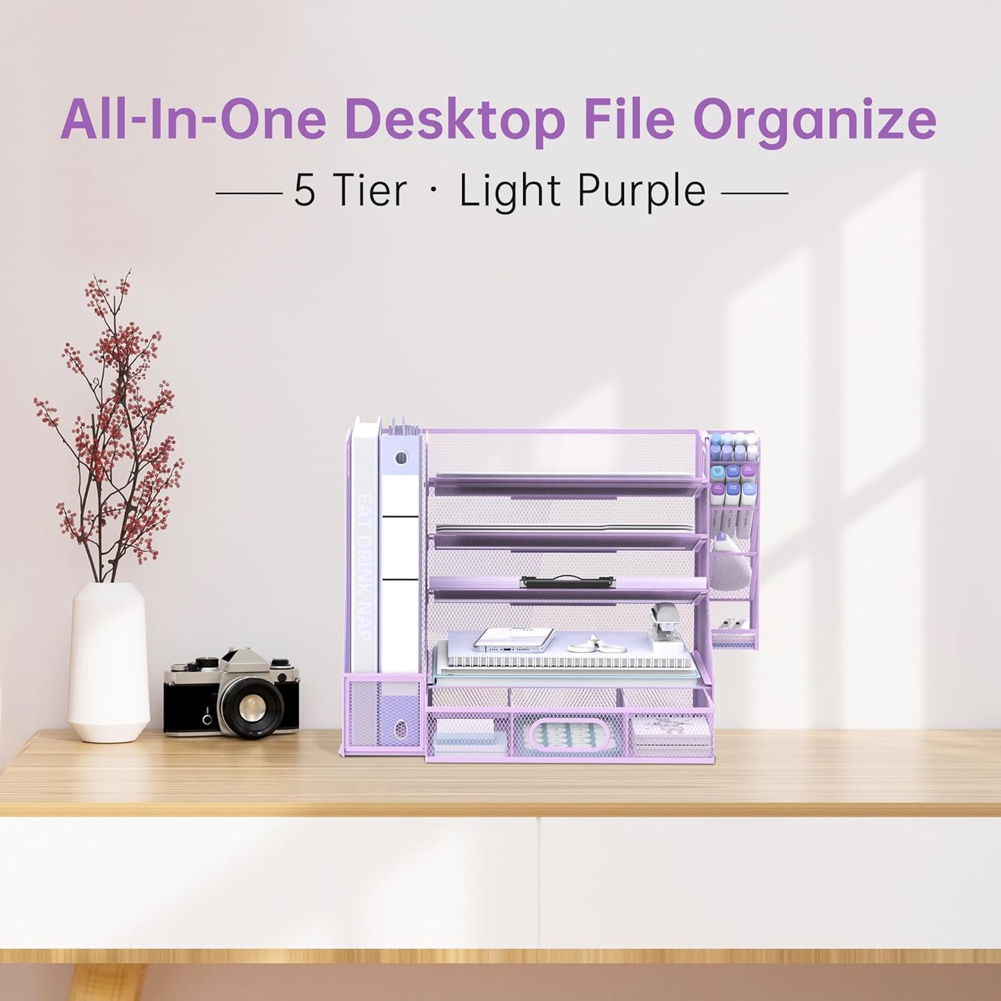SUPEASY Desk Organizer with File Holder, 5-Tier Mesh Paper Letter Tray and 3 Tilted File Sorter for Office Supplies, Black
