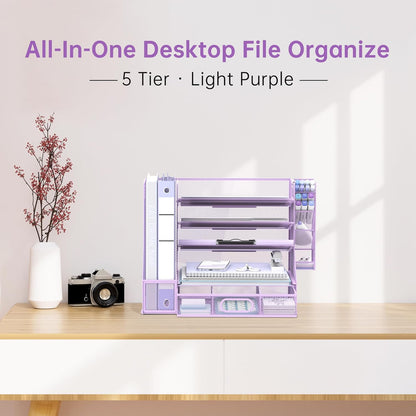 SUPEASY Desk Organizer with File Holder, 5-Tier Mesh Paper Letter Tray and 3 Tilted File Sorter for Office Supplies, Black