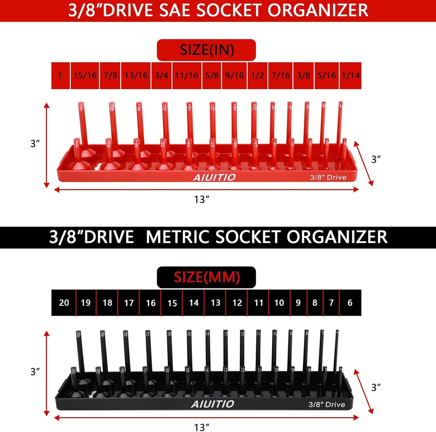AIUITIO 6PCS Socket Organizer Tray Set, Red SAE & Black Metric Socket Storage Trays, 1/4-Inch, 3/8-Inch & 1/2-Inch Drive Deep and Shallow Socket Holders for Toolboxes