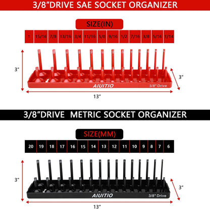 AIUITIO 6PCS Socket Organizer Tray Set, Red SAE & Black Metric Socket Storage Trays, 1/4-Inch, 3/8-Inch & 1/2-Inch Drive Deep and Shallow Socket Holders for Toolboxes