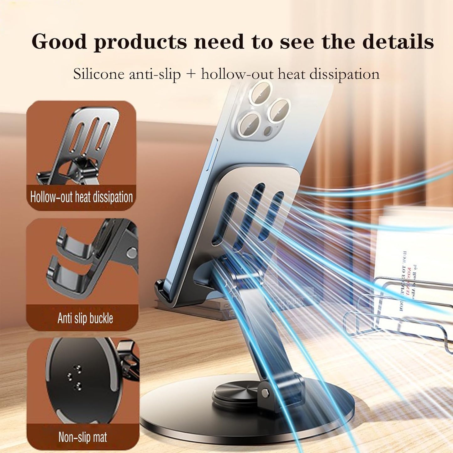 Cell Phone Stand for Desk - [360° Rotation] Sturdy Adjustable Desktop Phone Holder, Foldable Mobile Stand, Office Desk Accessories Gifts for All Phone Stands