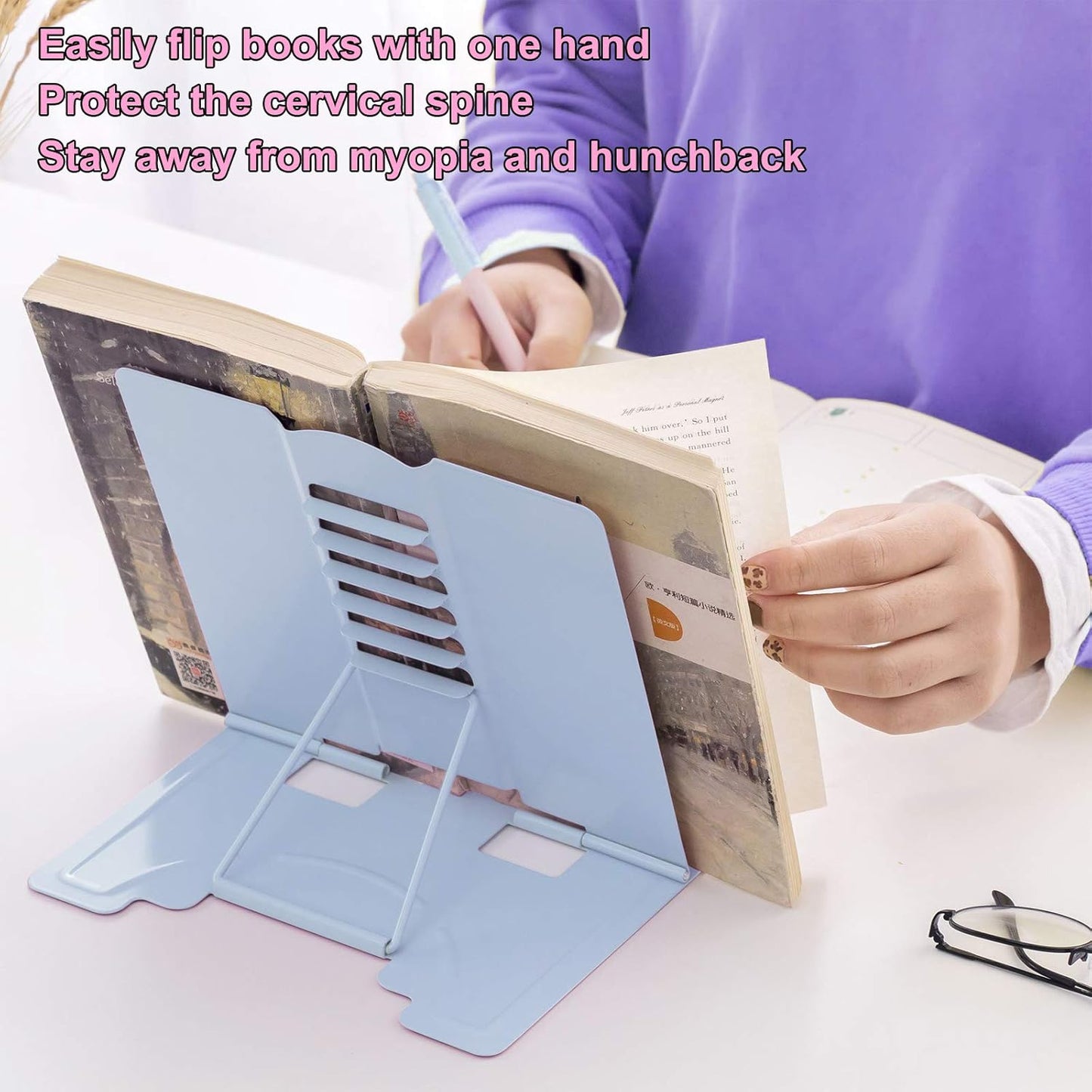 MSDADA Desk Book Stand Metal Reading Rest Book Holder Adjustable Cookbook Documents Holder for Recipes Textbooks Tablet Music Books, Mom Gifts, Gifts for Grandma Mom Mothers Day(Light Purple)
