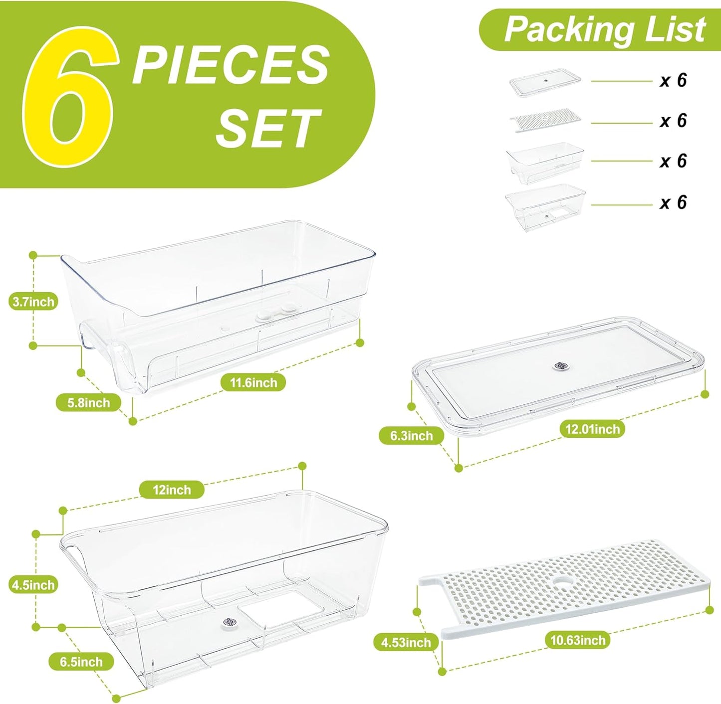 6-Pack Fridge Drawer Organizer, Pull-out Stackable Refrigerator Organizers and Storage, Clear Fruit Storage Containers Bins with Drain Tray for Kitchen Cabinet, Pantry Organization