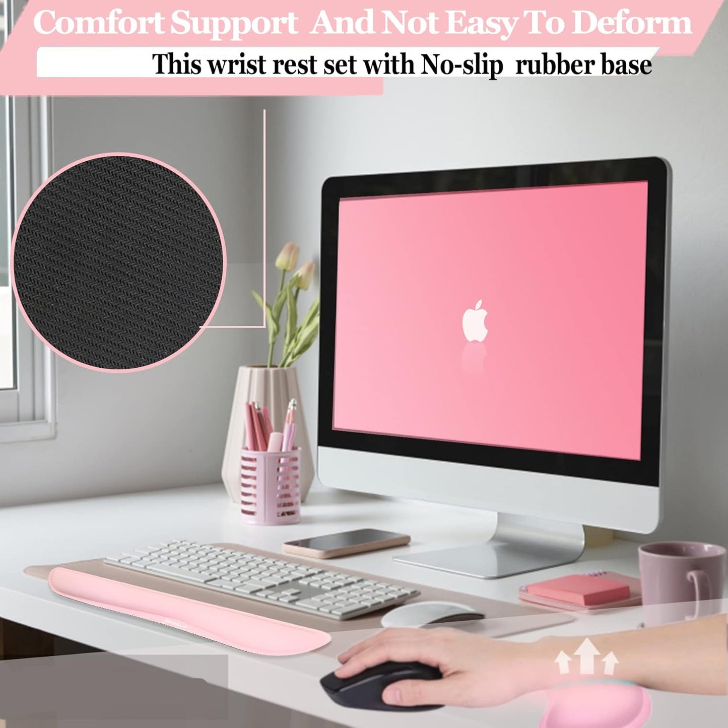 BamLue Upgrade Silky and Superfine Fabric Keyboard Wrist Rest, Gel Mouse Wrist Pillow Pad Set for Easy Typing & Pain Relief for Laptop, Office & Home, Ergonomic Sets for Keyboard-Pink