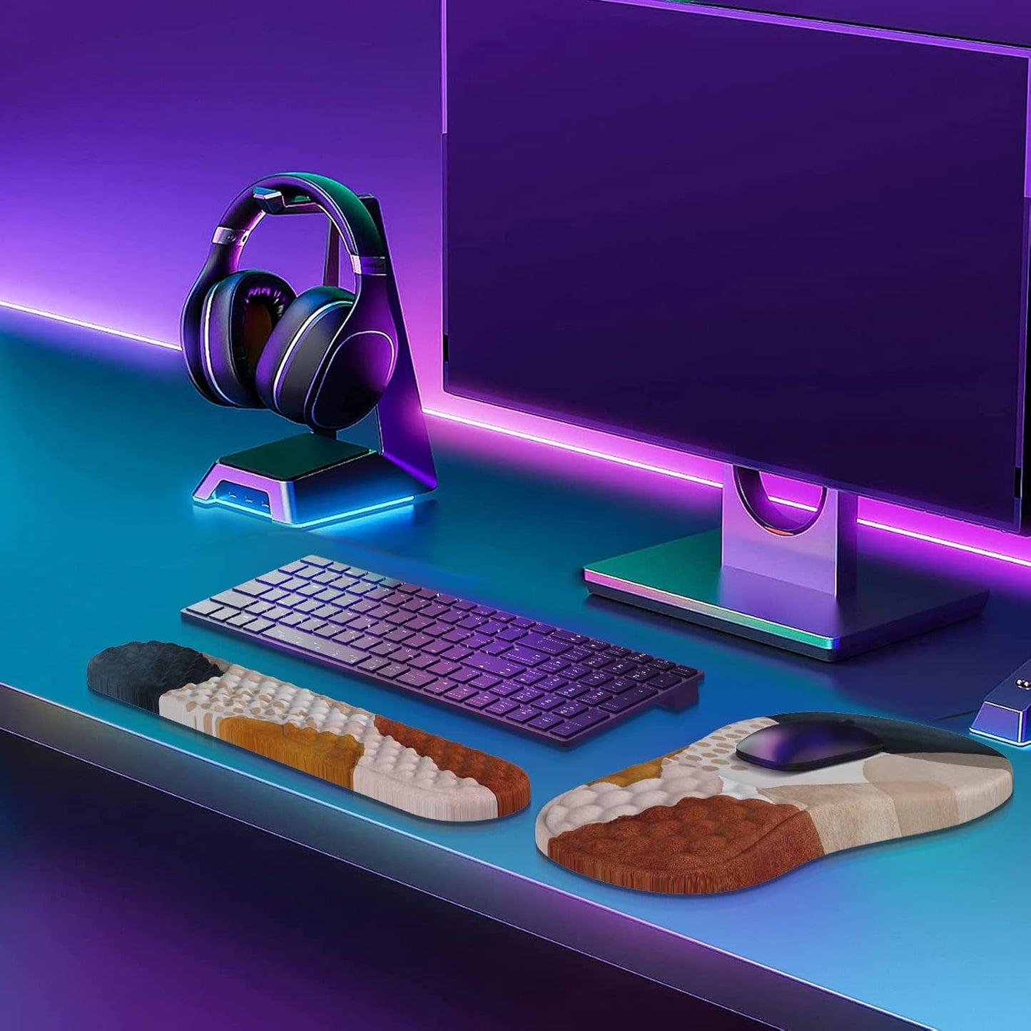 HAOCOO Keyboard Wrist Rest, Ergonomic Mouse Pad with Wrist Rest, 3 in 1 Keyboard and Mouse pad with Coaster Set, Memory Foam Wrist Support, Non-Slip PU Base for Home Office, Rose Gold Pink
