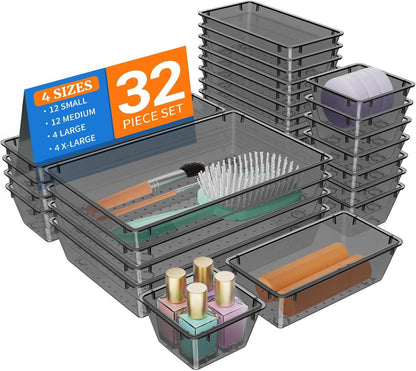 StorMiracle 32 PCS Clear Plastic Drawer Organizer Set, 4-Size vanity organizer Trays and Storage Bins for Makeup, Jewelry and Gadgets in Bedroom, Bathroom and Office, Clear
