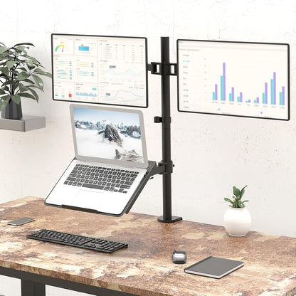 WALI Single Arm Laptop and Monitor Desk Mount for 17" Notebook and Up to 32" Screen, 2-in-1 Adjustable Monitor Arm with Laptop Tray, VESA 75x75 100x100,Holds 22-26.4 lbs, Black (GSMP001NLP)