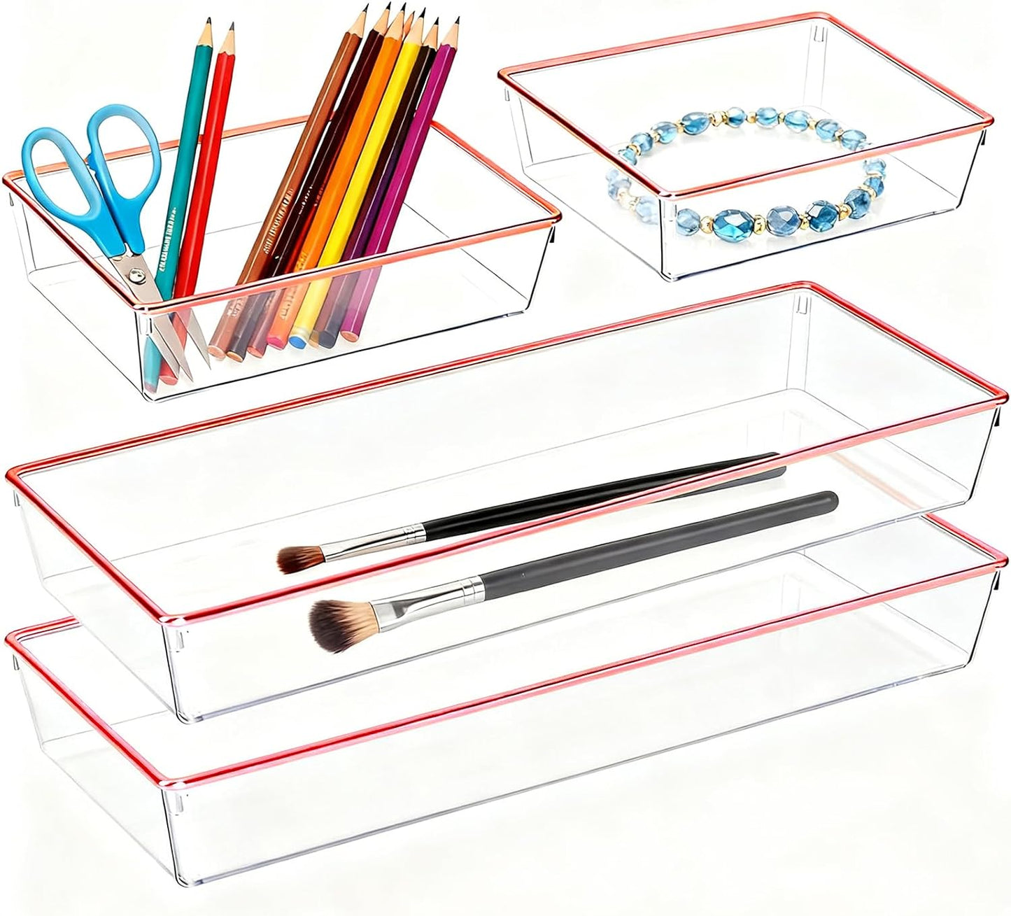 4 Pack Large Size Clear Stackable Drawer Organizer Trays, Gold Rim Makeup Drawer Storage Tray Divider, Desk Storage for Makeup, Jewelry, Bathroom, Stationary, Kitchen Utensils and Office Desk