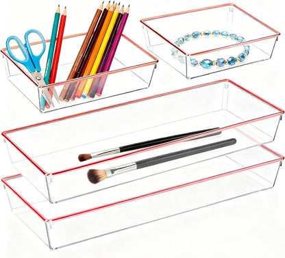 4 Pack Large Size Clear Stackable Drawer Organizer Trays, Gold Rim Makeup Drawer Storage Tray Divider, Desk Storage for Makeup, Jewelry, Bathroom, Stationary, Kitchen Utensils and Office Desk