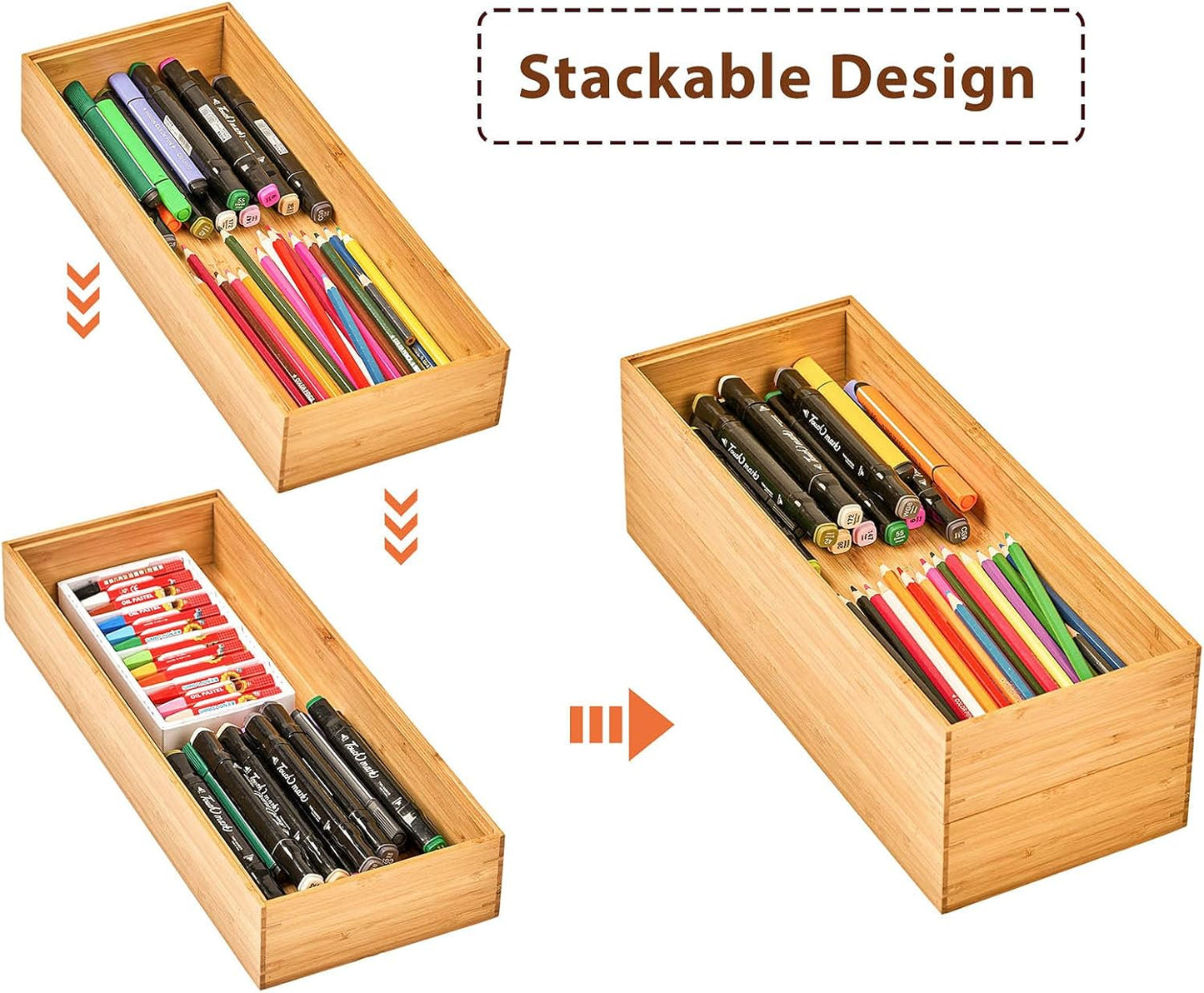 Umilife Bamboo Kitchen Drawer Organizer, Extra High Silverware Tray, Flatware Cutlery Storage Box, Multi-Use Holder in Office, Bathroom, Pantry - 9"x6"x2.5" (Set of 2)
