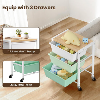 Rolling Cart with 3 Drawers, Plastic Drawer Storage Carts with Lockable Wheels & Wooden Tabletop, Metal Utility Cart Organizer, Office Bedroom Classroom Craft Organization and Storage, Bright White