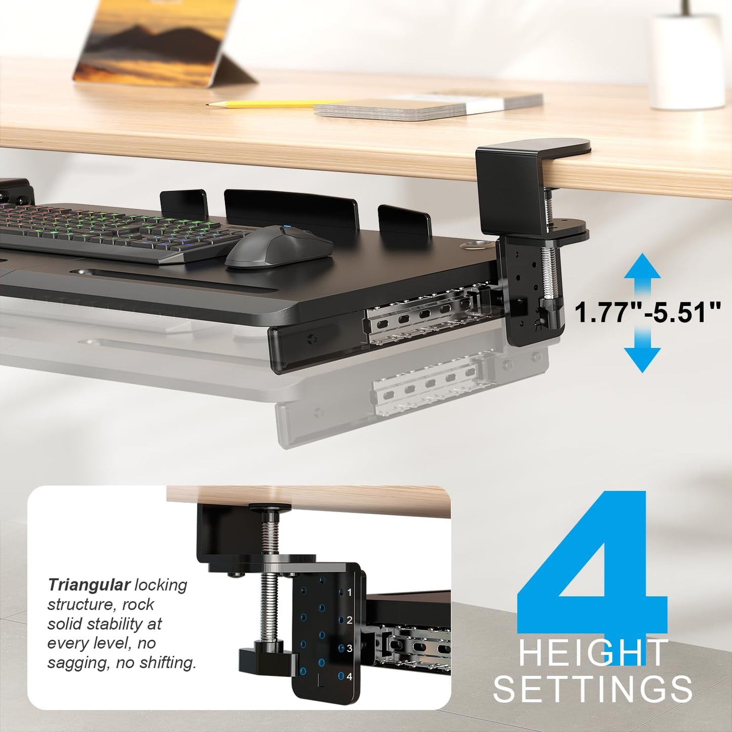 Supcline Keyboard Tray Under Desk with 60° Swivel C-Clamp & Height Adjustment for Corner Desk, 25.6 x 11.8 in Slide Out Keyboard Mouse Platform for l-Shaped & L-Shaped Table, Pull Out Keyboard Drawer