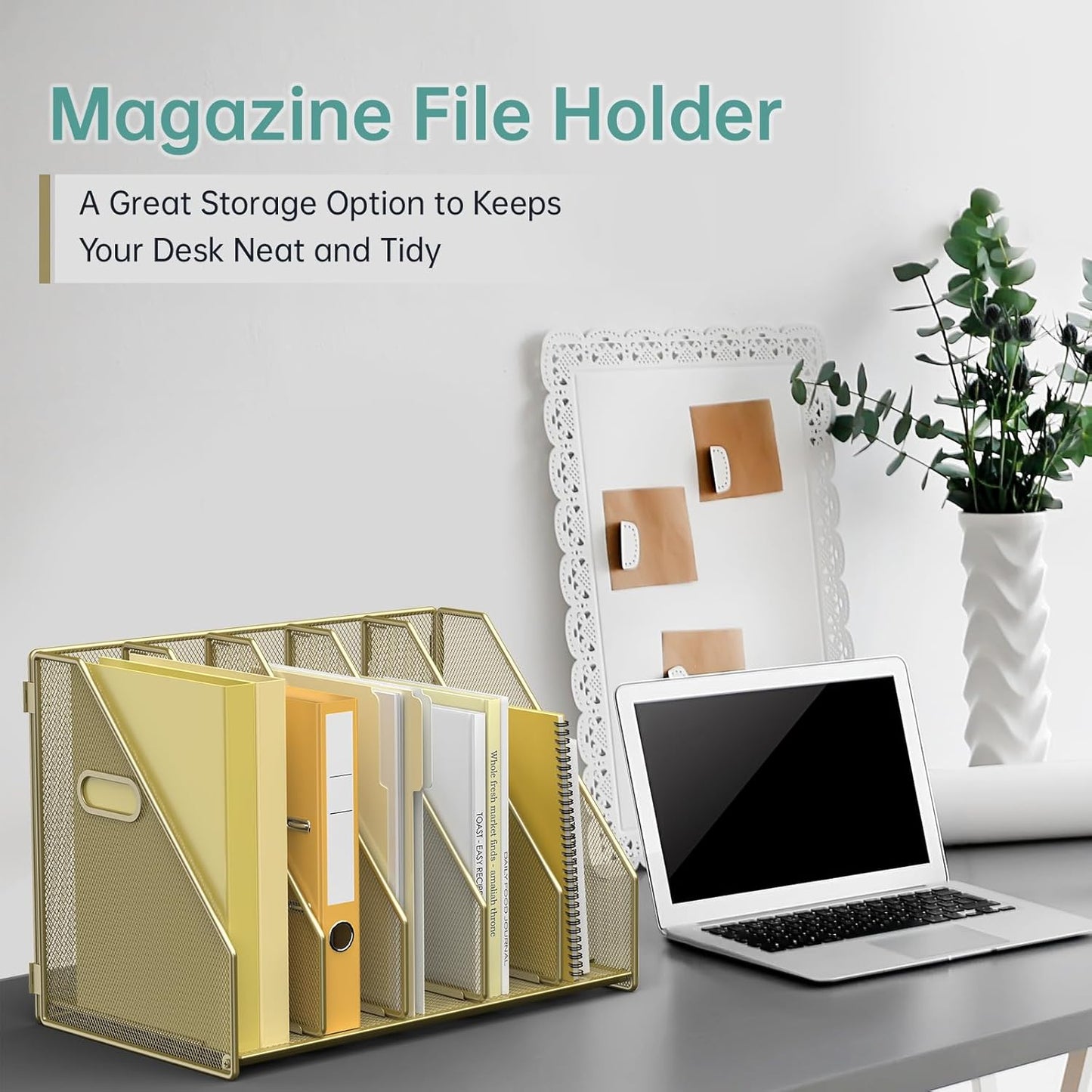 MINDEPOT Desk File Organizer Metal Desk Magazine Folder Holder with 5 Vertical Compartments Rack File Organizer for Office, Home, School, Black