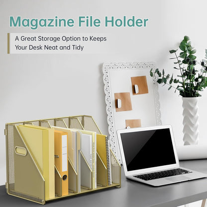 MINDEPOT Desk File Organizer Metal Desk Magazine Folder Holder with 5 Vertical Compartments Rack File Organizer for Office, Home, School, Black