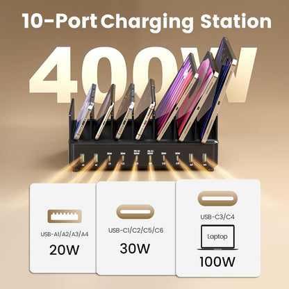 400W Charging Station for Multiple Devices,Dual PD 100W Multi USB C Charging Station with 8 Cable,10 Port Charger Station for MacBook iPhone iPad Laptop Cell Phone Android Tablet-Black