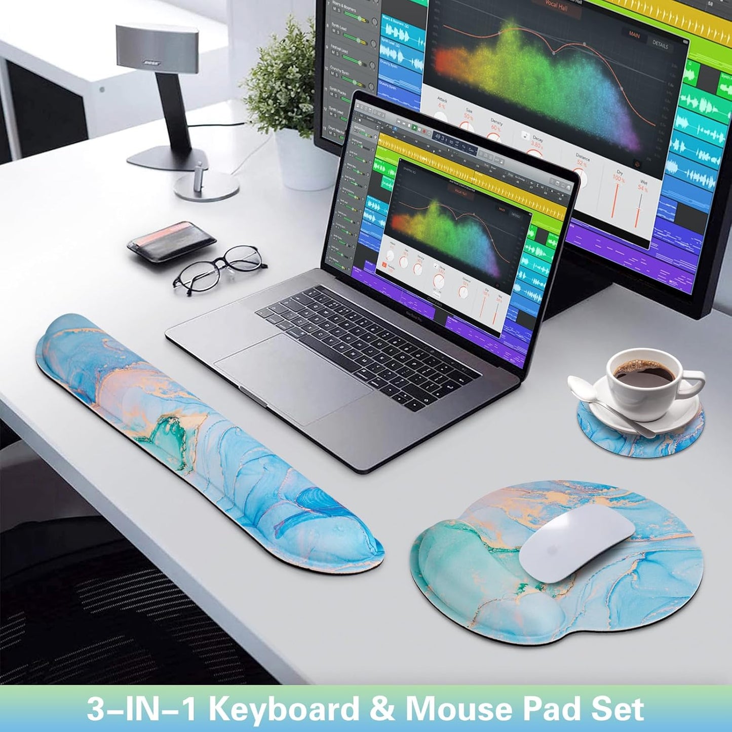 Mouse Pad with Wrist Rest Set, Qomolama 3-in-1 Wrist Support Mouse Pad Set, Floral Gaming Mousepad with Anti-Skid Base,Ergonomic Mouse Pad,Memory Foam Keyboard Gel Wrists Rest