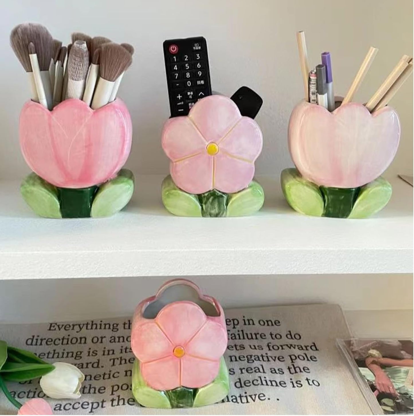 Red Makeup Brush Holder Pen Holder Office Desk Accessories Aesthetic Pencil Holders Cute Toothbrush Holders Flower Home Decor Vase Birthday Gifts for Women Vanity Kawaii Kitchen Utensil Holder