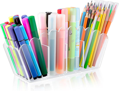 Scalloped Acrylic Pencil Holder – Clear Desk Organizer with 4 Compartments – Makeup Brush Holder & Remote Caddy for Office, Bathroom, Table – Party Accessory （4-Comp）