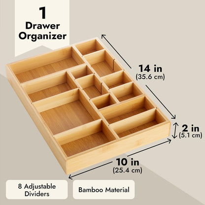 Juvale Drawer Organizer Tray - 8-Slot Drawer Divider for Utensils - Versatile Silverware Holder - Desk Tray for Office Supplies - 14 x 10 x 2 in, Brown, Bamboo