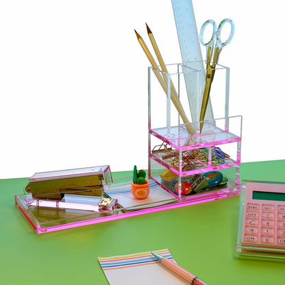 Clear Acrylic Desk Organizer 4-Piece Desk Kit + Free Complimentary Acrylic Ruler, Desktop Organization for Office or Home