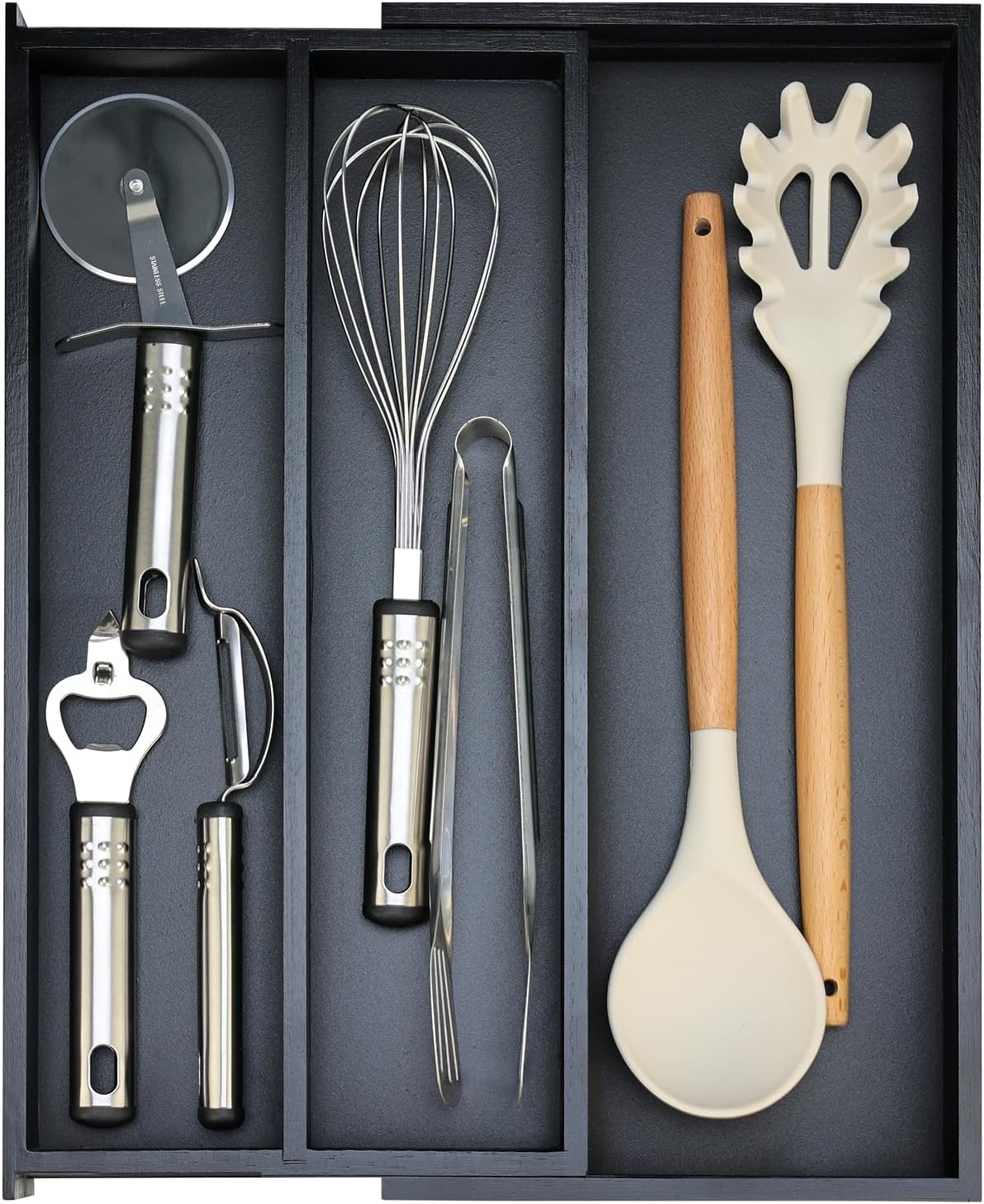 Large Bamboo Silverware Drawer Organizer Tray Kitchen Tool Drawer Divider Organizers Storage Expandable Cooking Utensil Organizer Wooden Cutlery Tray Spoon Flatware Organizers Utensil Holder Drawers