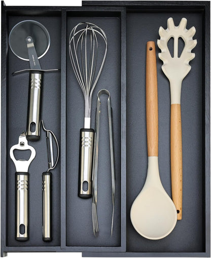 Large Bamboo Silverware Drawer Organizer Tray Kitchen Tool Drawer Divider Organizers Storage Expandable Cooking Utensil Organizer Wooden Cutlery Tray Spoon Flatware Organizers Utensil Holder Drawers