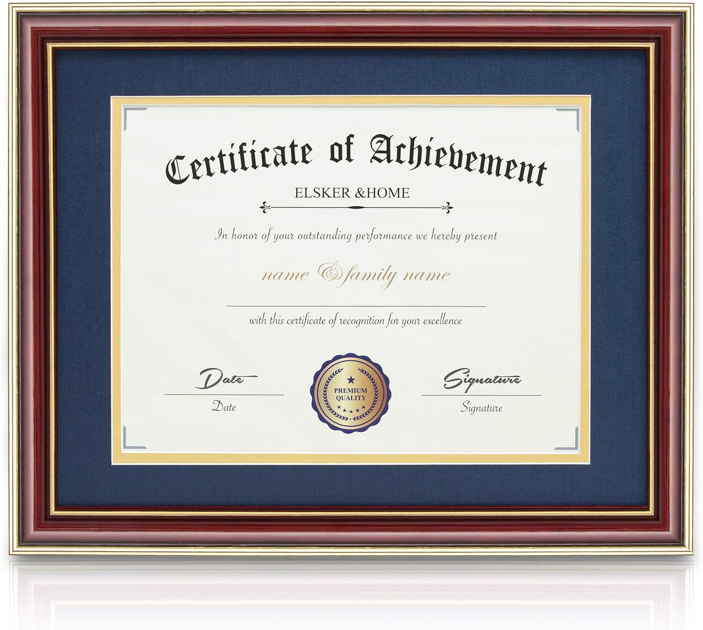 ELSKER&HOME Diploma Frame - Wide Solid Wood Frame - Black Velvet Golden Rim Mat - Semi-Tempered Glass - Includes Hanging Hardware and Desktop Easel(ONLY Display 11×14 Document/Certificate)