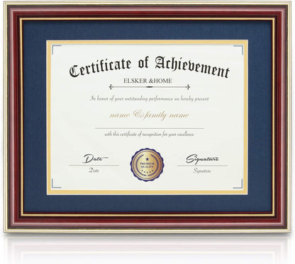 ELSKER&HOME Diploma Frame - Wide Solid Wood Frame - Black Velvet Golden Rim Mat - Semi-Tempered Glass - Includes Hanging Hardware and Desktop Easel(ONLY Display 11×14 Document/Certificate)