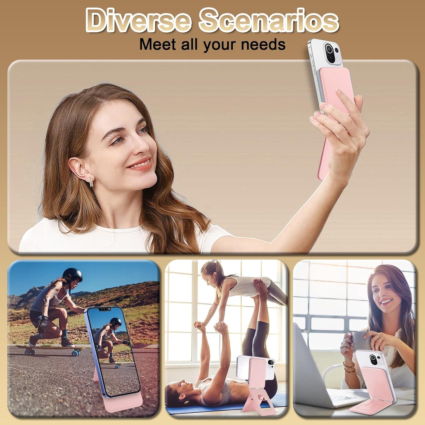 Magnetic Phone Stand, Compatible with All Smartphones 17/16/15/14/13/12 Series, Slim PU Leather Desk Stand with Angle Adjustment, Portable & Includes 1 Strong Magnetic Ring for Any Phone(Pink)
