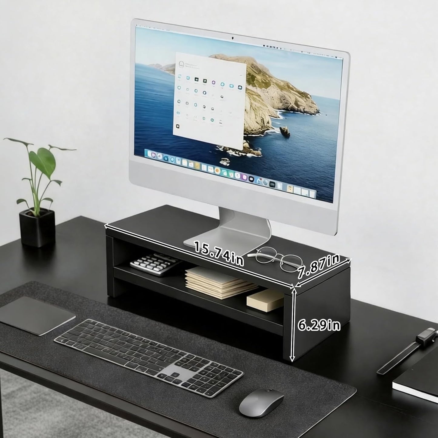 Wooden Monitor Stand Riser, 2-Tier Desk Shelf with Storage Organizer, Ergonomic Computer Stand, Storage Organizer for Laptop, Computer, Black, 15.7 Inch