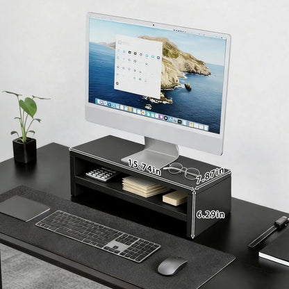 Wooden Monitor Stand Riser, 2-Tier Desk Shelf with Storage Organizer, Ergonomic Computer Stand, Storage Organizer for Laptop, Computer, Black, 15.7 Inch