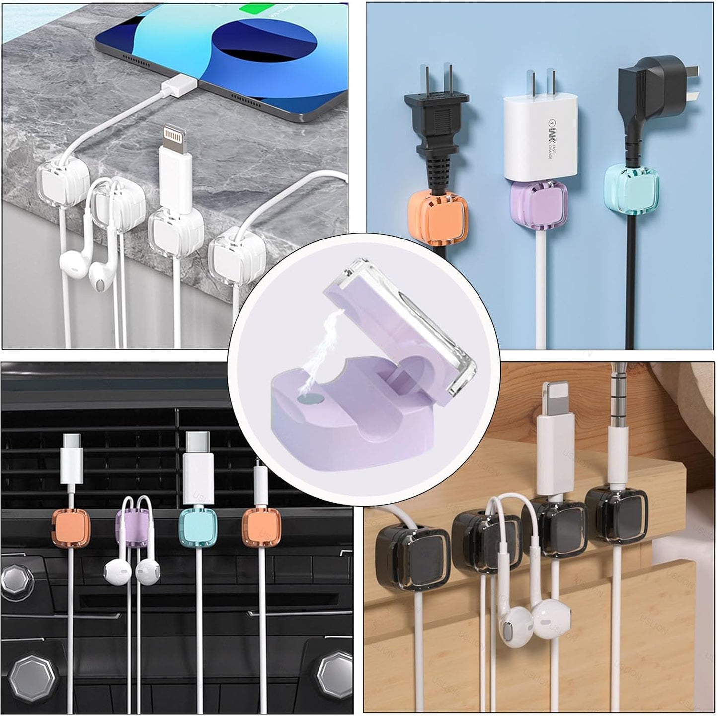 IFNOW 6 Pack Magnetic Cable Clips for Nightstand Black and White Self Adhesive Cord Holder Adjustable Clip for Desk, Nightstand, Phone Charger, Computer, Home, Office, Car