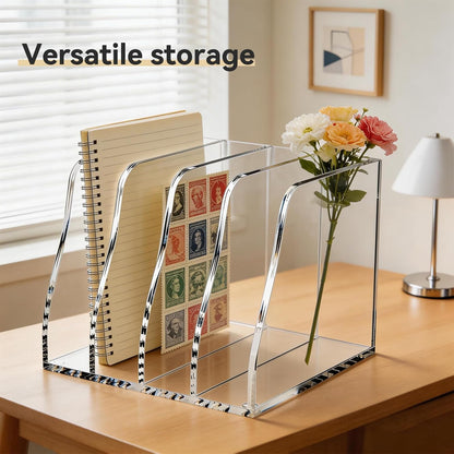 Acrylic Magazine File Holder,4 Vertical Compartments Desk Document Sorter Organizer,Clear Office Organization Supplies,For: Files, Books, and Accessories