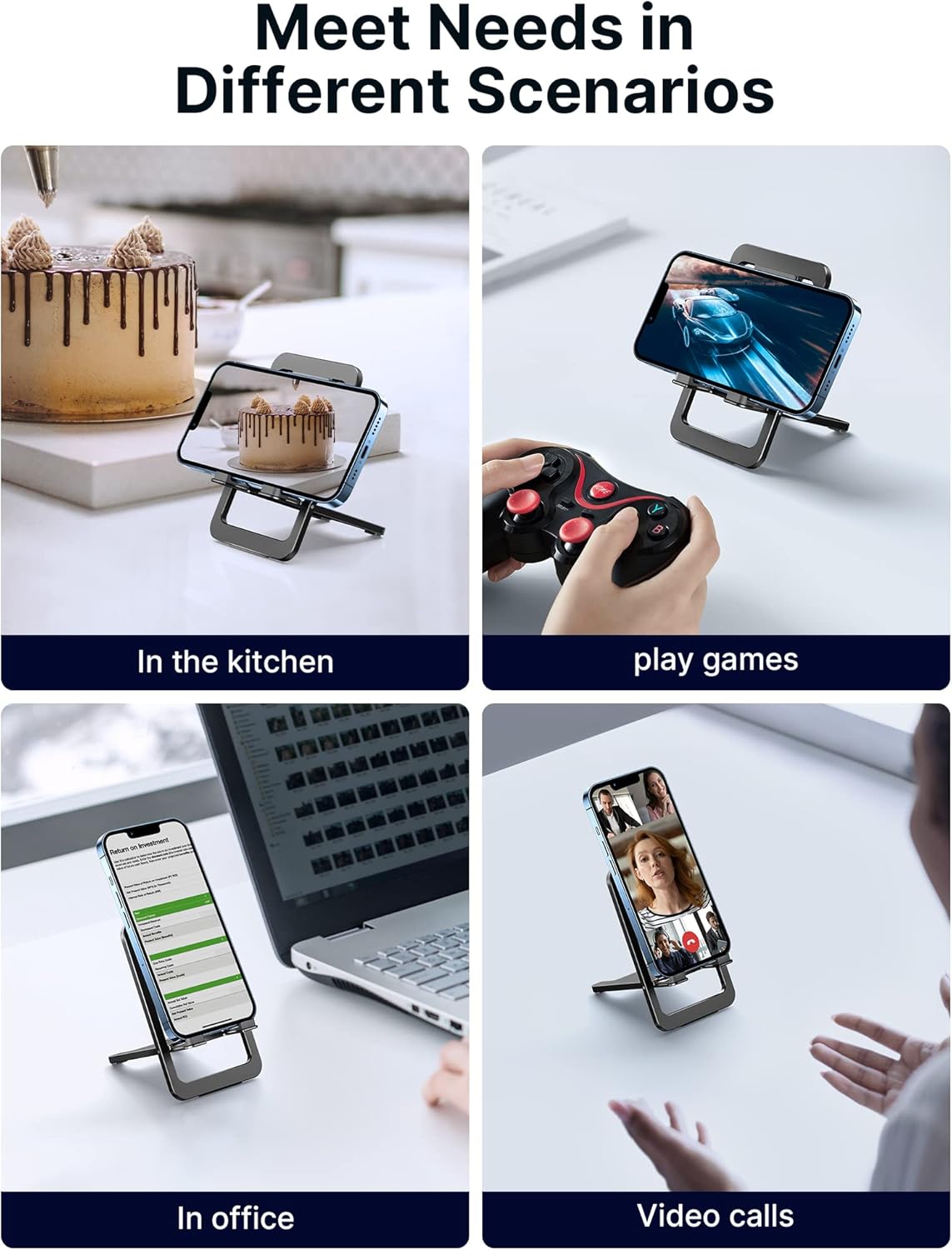 JSAUX Cell Phone Stand, Foldable Aluminum Adjustable Phone Holder for Desk Portable Travel Essentials Office Accessories for iPhone 17 16 15 14 13 Pro Max Samsung S25 S24 S23 Ultra Kindle-Gray